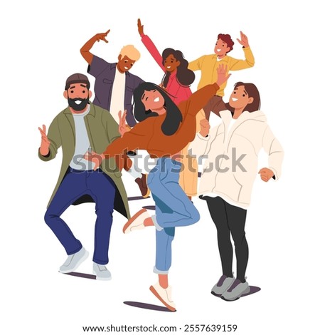 Happy joyful multiracial friends posing in different poses expressing positive emotions cartoon scene. Teenage guys and girls characters cheering, rejoicing and feeling fun vector illustration
