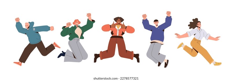 Happy joyful people characters jumping and having fun. Young adult man and woman enjoying triumph, celebrating success. Cheerful corporate employees rejoicing goal achievement. Vector illustration