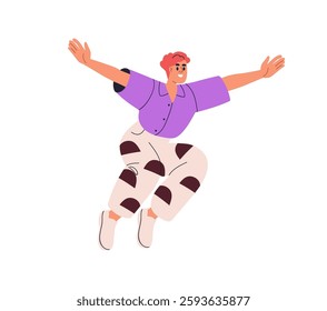 Happy joyful person jumping up. Energetic smiling young character flying in air with arms spread, excited emotion, joy expression. Positive pose. Flat vector illustration isolated on white background