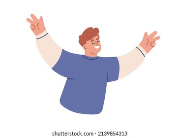 Happy joyful person smiling and laughing. Excited cheerful man rejoicing, exulting, celebrating, feeling happiness. Positive joyous emotions. Flat vector illustration isolated on white background