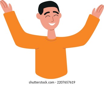 Happy joyful person smiling and laughing man. Excited cheerful person raises the hands and greets, rejoicing, exulting, celebrating. Positive joyous emotions. Flat vector illustration isolated