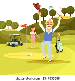 Happy Joyful Senior Man Jumping on Green Golf Field with Hat and Club in Hands Rejoice in Hit Ball into Hole. Young Woman Stand near Cart Watching. Active Lifestyle. Cartoon Flat Vector Illustration.