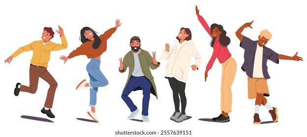 Happy joyful trendy fashion guys and girls cartoon characters parting having fun standing in row isolated on white background. Youth culture and millennial generation community vector illustration