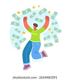 Feliz mulher alegre e caindo dinheiro. Liberdade financeira e sucesso empresarial. Investimento bem-sucedido, recompensa monetária