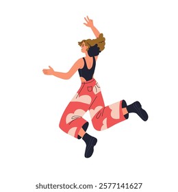 Happy joyful woman jumping up in air. Excited active energetic female character in expressive emotional festive pose, fun movement, joy energy. Flat vector illustration isolated on white background