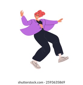 Happy joyful woman jumping, flying in air. Positive young female character soaring with cheerful expression, excited emotion. Energetic pose. Flat vector illustration isolated on white background