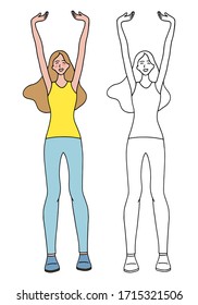 Happy, joyful woman. Victory, luck, good mood concept. Drawing of people in full growth. Set of contour and color drawing isolated on white. Hand drawn vector illustration in simple cartoon flat style