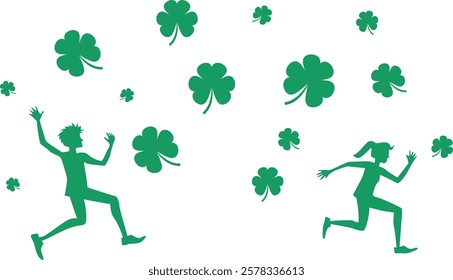 Happy and joyful young people running among flying clover leaves. St Patrick's day celebration. Vector illustration with transparent background.