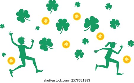 Happy and joyful young people running among flying gold coins and clover leaves. Saint Patrick's day celebration. Vector illustration with transparent background.