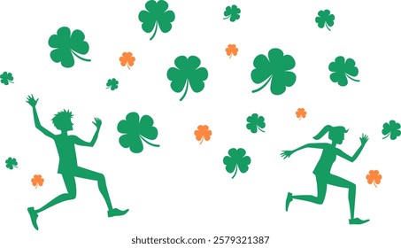 Happy and joyful young people running among flying green and orange clover leaves. Saint Patrick's day. Vector illustration with transparent background.