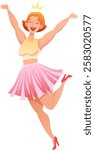 Happy joyful young woman celebrating holiday, party or  Successfull victory, cheerful summer girl in pink skirt and yellow top jumping for joy with crown over red haired head, flat vector illustration