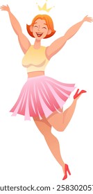 Happy joyful young woman celebrating holiday, party or  Successfull victory, cheerful summer girl in pink skirt and yellow top jumping for joy with crown over red haired head, flat vector illustration