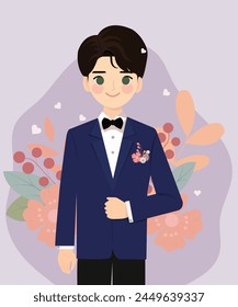 Happy and joyfull portrait of young groom in blue and black suit. Vector flat style illustration