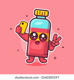 happy juice bottle drink character mascot taking a selfie with a smartphone isolated cartoon 