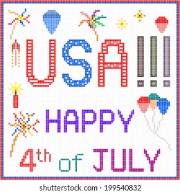 Happy July 4th in Pixels - An illustration of the American Independence day greeting with fireworks and balloons. Square pixels of various colors have been used.