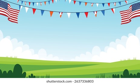 Happy July Fourth with Flags and Patriotic Bunting in the Park