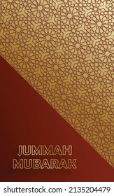 Happy Jummah Mubarak gold Arabic calligraphy with Beautiful Moon and Islamic Pattern design on paper color background. The meaning is : Blessed Holy Friday