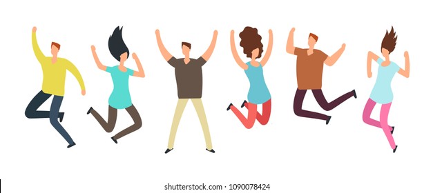 Happy jumping adult friends. Group of people in jump. Healthy active people and friendship vector concept. People adult, friend emotion, man and woman illustration