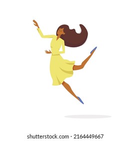Happy jumping black woman isolated on white. Floating woman vector illustration.