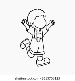 Happy Jumping Boy with Raised Arms in Blue Outfit. Brown Background. Cheerful Coloring page Character