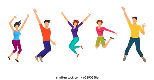 Happy Jumping Boys and Girls. Happiness People Isolated on White Background. Cheerful Sporty Youth - Illustration Vector