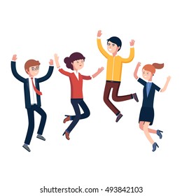 Happy jumping up business people celebrating their success and achievements. Businessman and woman celebrating victory. Modern colorful flat style vector illustration isolated on white background.