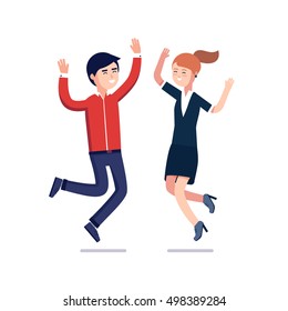 Happy jumping business people celebrating their success. Dancing businessman couple.  Modern colorful flat style vector illustration isolated on white background.