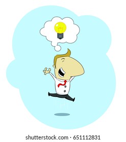Happy jumping businessman with great idea. Idea, innovation, start up concept. Vector cartoon illustration.