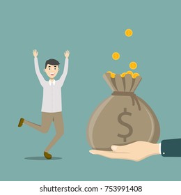 Happy jumping businessman. Hand giving money bag to emplyee.
