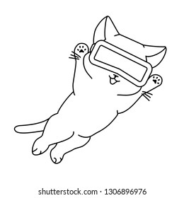 Happy jumping cat with VR headset. Vector illustration, cute character in a minimaistic line art style. Monochrome, isolated on white background.