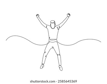 Happy jumping celebrating  illustration in continuous one line drawing. Happy person jumping high giving high five in one line draw. Editable vector.