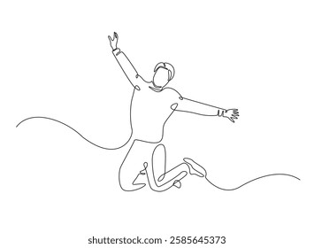 Happy jumping celebrating  illustration in continuous one line drawing. Happy person jumping high giving high five in one line draw. Editable vector.