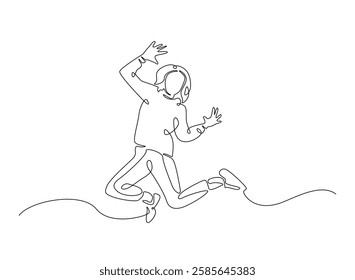 Happy jumping celebrating  illustration in continuous one line drawing. Happy person jumping high giving high five in one line draw. Editable vector.