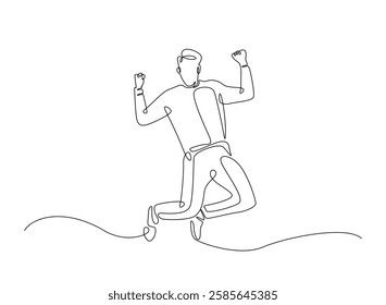 Happy jumping celebrating  illustration in continuous one line drawing. Happy person jumping high giving high five in one line draw. Editable vector.