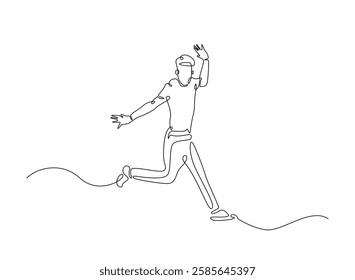 Happy jumping celebrating  illustration in continuous one line drawing. Happy person jumping high giving high five in one line draw. Editable vector.