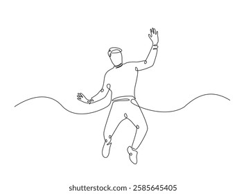 Happy jumping celebrating  illustration in continuous one line drawing. Happy person jumping high giving high five in one line draw. Editable vector.
