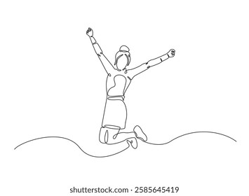 Happy jumping celebrating  illustration in continuous one line drawing. Happy person jumping high giving high five in one line draw. Editable vector.