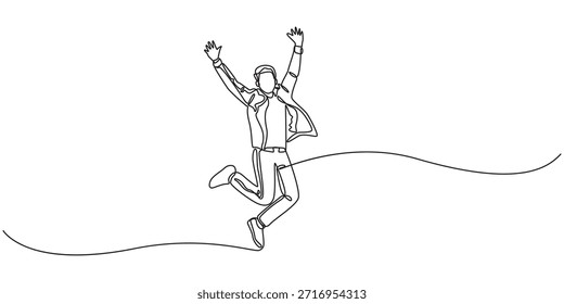 Feliz salto celebrando la ilustración en un dibujo continuo de una línea. Persona feliz saltando alto dando alto cinco en un sorteo de línea. Vector editable, dibujo de línea continua de cuatro saltos feliz equipo