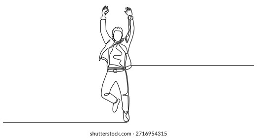 Feliz salto celebrando la ilustración en un dibujo continuo de una línea. Persona feliz saltando alto dando alto cinco en un sorteo de línea. Vector editable, dibujo de línea continua de cuatro saltos feliz equipo