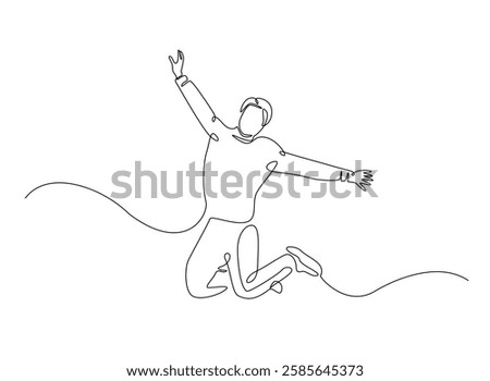 Happy jumping celebrating  illustration in continuous one line drawing. Happy person jumping high giving high five in one line draw. Editable vector.