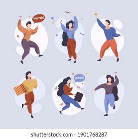 Happy jumping characters. Joyful people running standing jumping funny celebrate persons male female garish vector stylized flat pictures