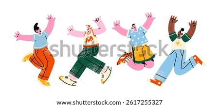 Happy jumping characters in retro cartoon style. Joyful people, expressive poses, cheerful emotions, celebration mood, 90s positive vibe, illustration in retro cartoon style, trendy stickers