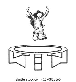 Happy jumping child on trampoline sketch engraving vector illustration. T-shirt apparel print design. Scratch board style imitation. Black and white hand drawn image.