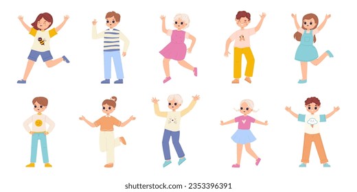 Happy jumping children. Cute little emotional characters, positive kids. Stylish boys and girls, cartoon friendly toddlers snugly vector collection