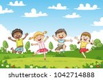 Happy jumping children. Funny cartoon character. 