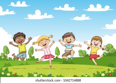 Happy jumping children. Funny cartoon character. 