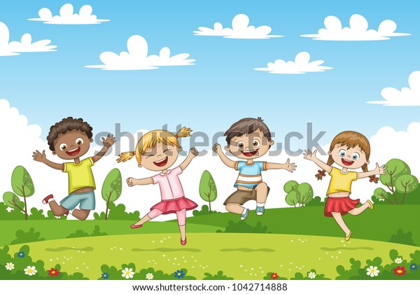 Happy Jumping Children Funny Cartoon Character Stock Vector (Royalty ...