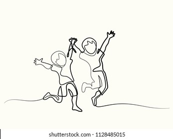 Happy jumping children holding hands. Continuous line drawing. Vector illustration on white background