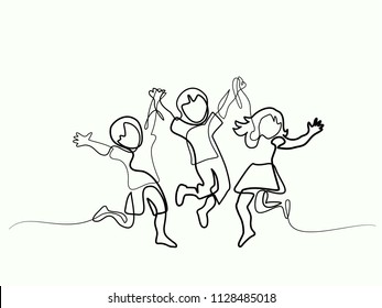 Happy jumping children holding hands. Continuous line drawing. Vector illustration on white background