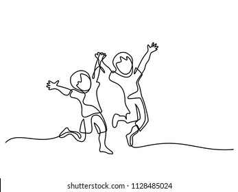 Happy jumping children holding hands. Continuous line drawing. Vector illustration on white background